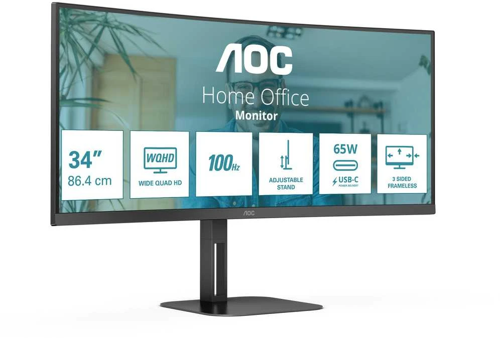 Monitorius AOC CU34V5C, 34" UWQHD (3440x1440) lenktas VA, 21:9, 100Hz, USB-C PD 65W, DP, HDMI