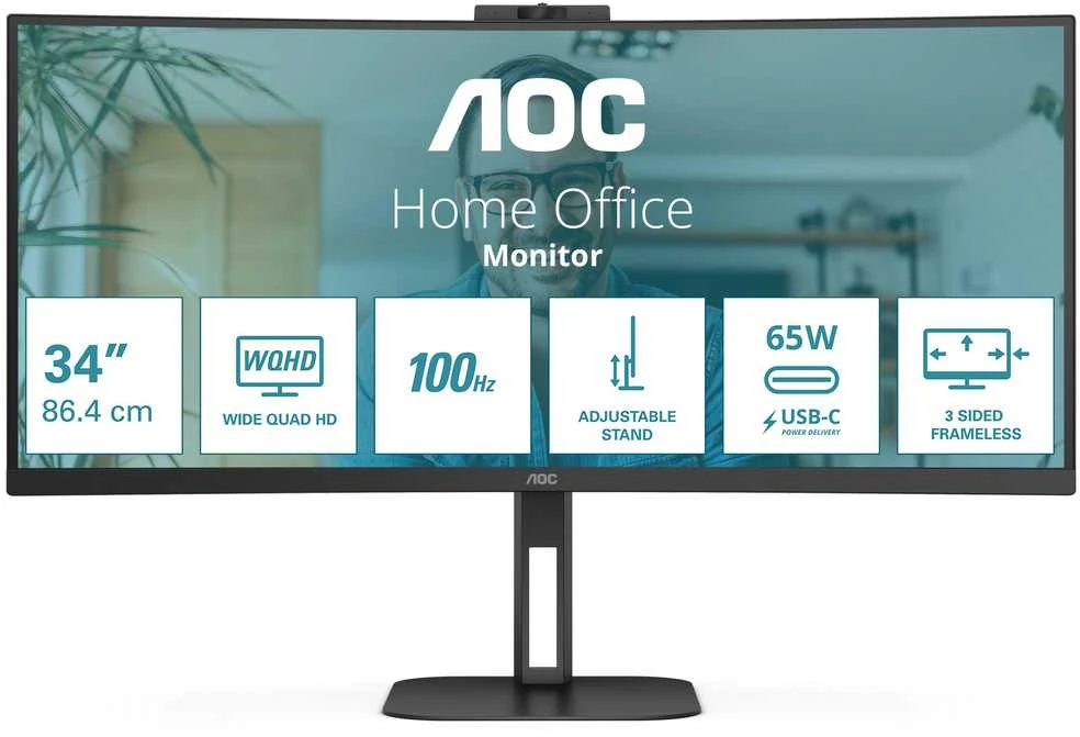 Monitorius AOC CU34V5C, 34" UWQHD (3440x1440) lenktas VA, 21:9, 100Hz, USB-C PD 65W, DP, HDMI
