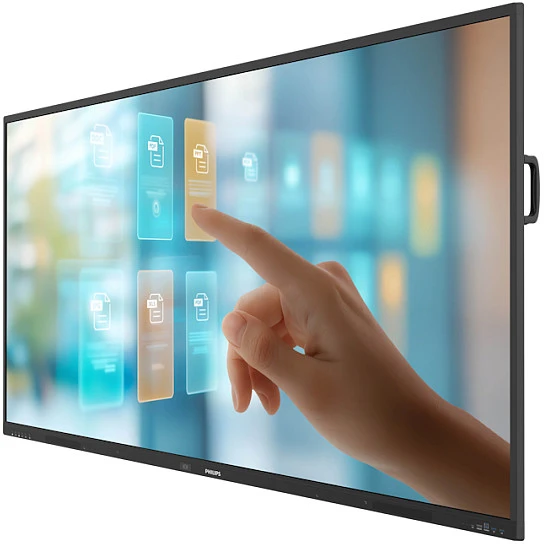 Monitorius „Philips“ 86 colių UHD – 400 Cd/m2 daugialypis jutiklinis ekranas su „Android 14.0“, „Google EDLA“ ekranu, IR jutikliniu ekranu, AR stiklu, interaktyviu ekranu ir HDMI išvestimi.