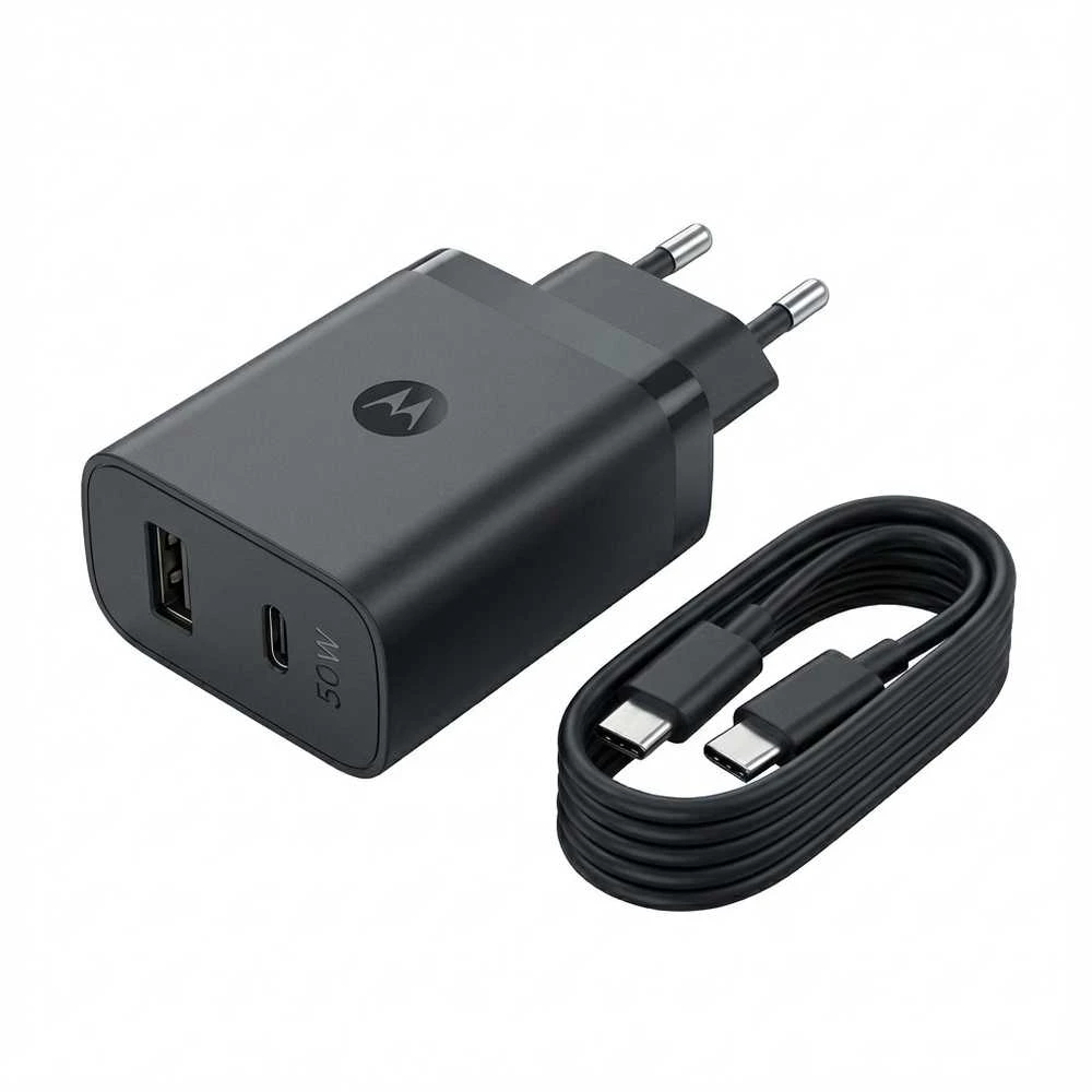 Įkroviklis Motorola TurboPower 50W dvigubas USB-C/USB-A su USB-C laidu 1m juodos spalvos