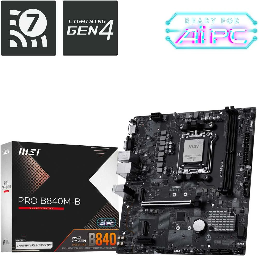 Pagrindinė plokštė MSI PRO B840M-B | Procesorių šeima AMD | Procesoriaus lizdas AM5 | DDR5 | Palaikomos standžiojo disko sąsajos SATA, M.2 | SATA jungčių skaičius 4