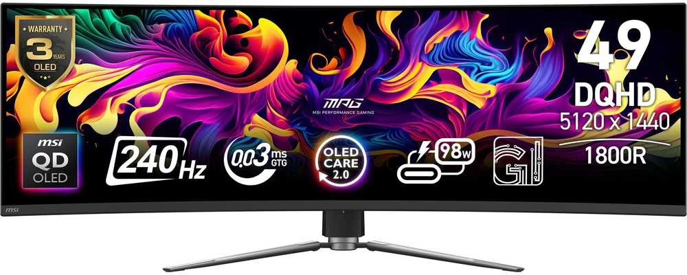 Monitorius MSI MPG 491CQPXDE QD-OLED dvigubas QHD lenktas žaidimų ekranas 124,5 cm (49 colių)