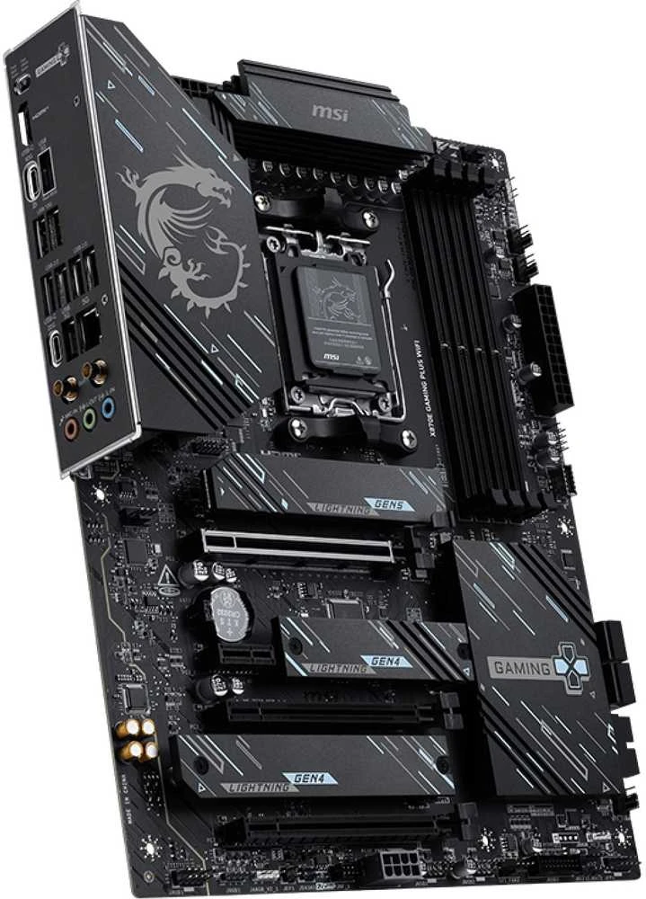 Pagrindinė plokštė MSI X870E GAMING PLUS WIFI | Procesorių šeima AMD | Procesoriaus lizdas AM5 | DDR5 UDIMM | Palaikomos standžiojo disko sąsajos SATA, M.2 | SATA jungčių skaičius 4
