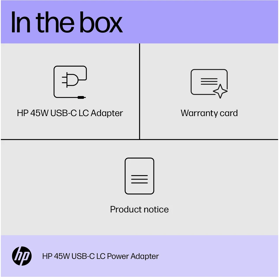 Hewlett Packard (HP) HP 45 W USB-C plytų kintamosios srovės LC maitinimo adapteris nešiojamojo kompiuterio įkroviklis / tinka ProBook 430 440 450 G6 G7 G8 G9, EliteBook 830 840 850 G6 G7 G8 G9, x360 1030 G8 G9, Dragon 1030 1040