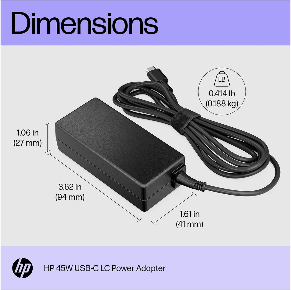 Hewlett Packard (HP) HP 45 W USB-C plytų kintamosios srovės LC maitinimo adapteris nešiojamojo kompiuterio įkroviklis / tinka ProBook 430 440 450 G6 G7 G8 G9, EliteBook 830 840 850 G6 G7 G8 G9, x360 1030 G8 G9, Dragon 1030 1040