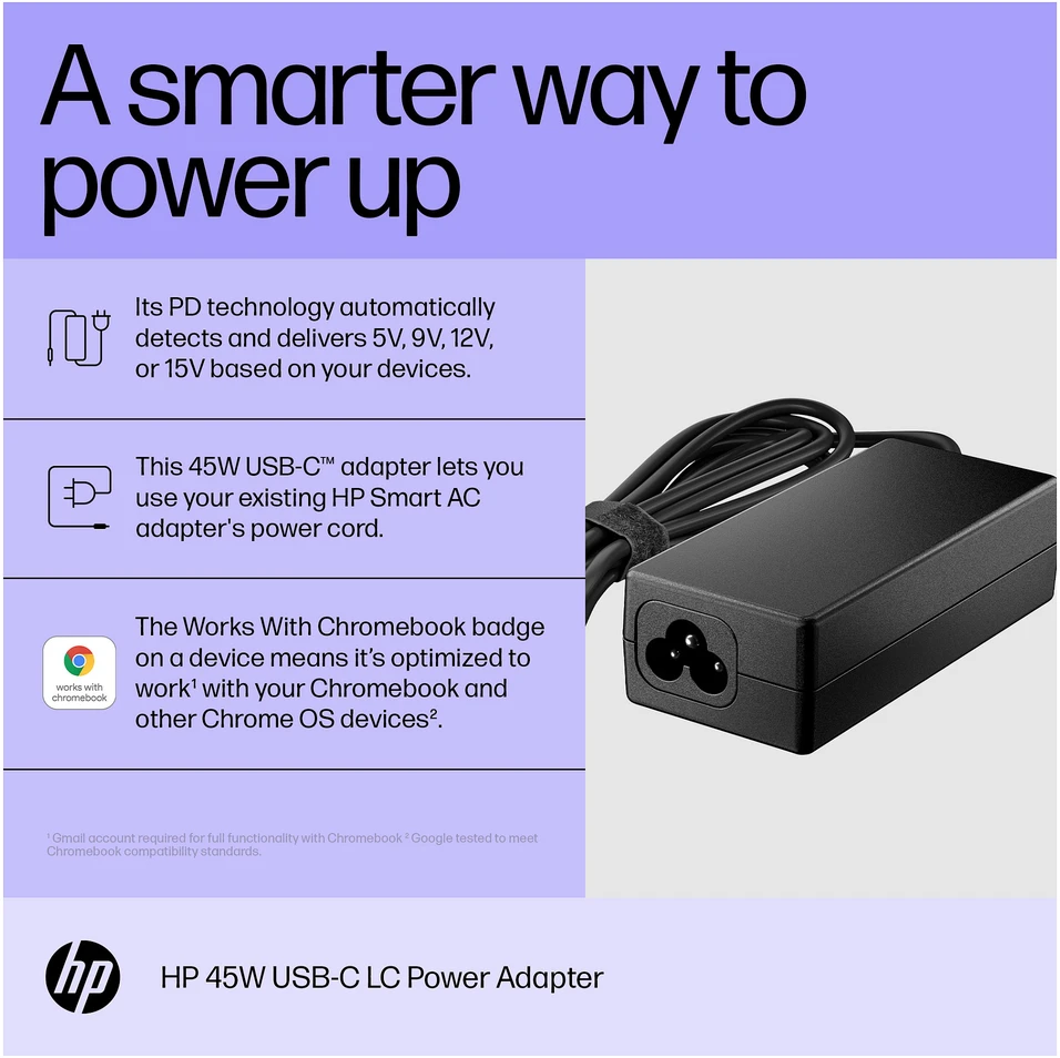 Hewlett Packard (HP) HP 45 W USB-C plytų kintamosios srovės LC maitinimo adapteris nešiojamojo kompiuterio įkroviklis / tinka ProBook 430 440 450 G6 G7 G8 G9, EliteBook 830 840 850 G6 G7 G8 G9, x360 1030 G8 G9, Dragon 1030 1040
