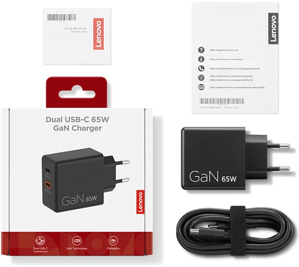 „Lenovo“ dvigubas USB-C 65 W GaN įkroviklis | USB-C | 65 W | Įkroviklis