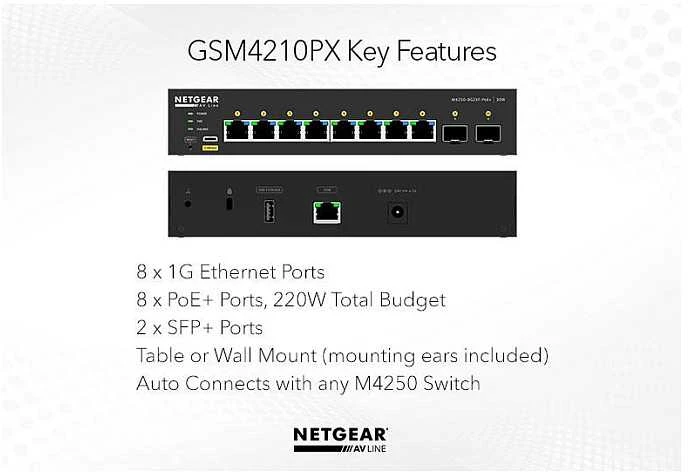 Šakotuvas Komutatorius - NETGEAR 8x1G PoE+ 220W 2xSFP+ Juodas
