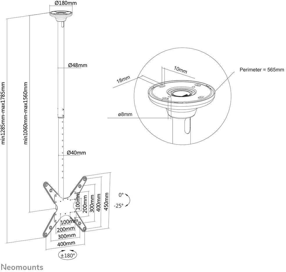 Neomounts Lubinis televizoriaus laikiklis NewStar (aukštis: 106-156 cm) FPMA-C340BLACK
