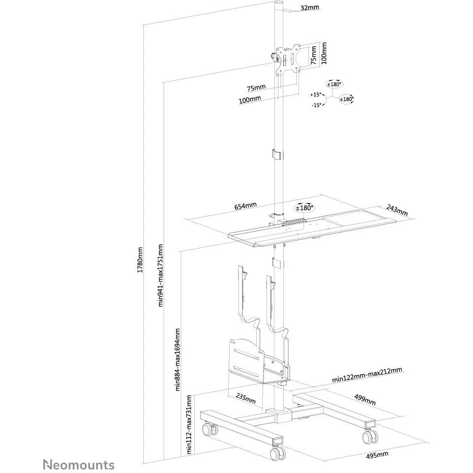 Pelė Neomounts Newstar FPMA-MOBILE1700 reklaminio ekrano laikiklis 81,3 cm (32") Juoda