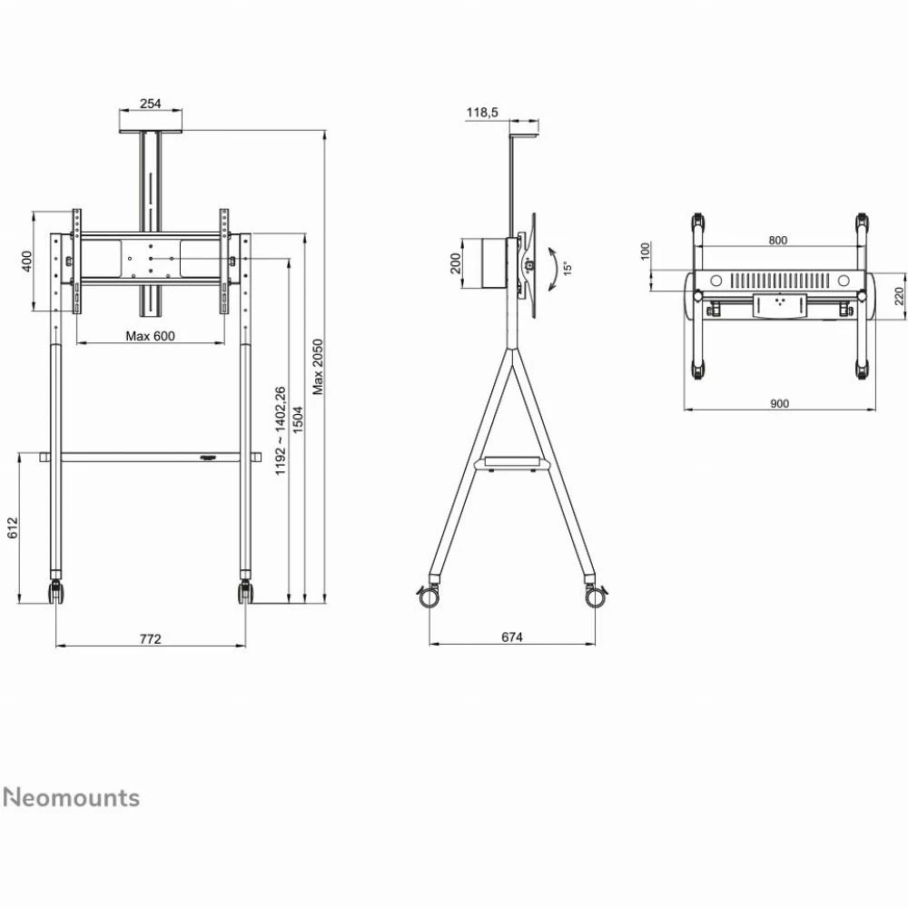 Laikiklis „Neomounts NEWSTAR“ MOBILUSIS PLOKŠČIAEKRANIO GRINDŲ STOVAS (AUKŠTIS: 110–144 CM) 32–65" Juodas