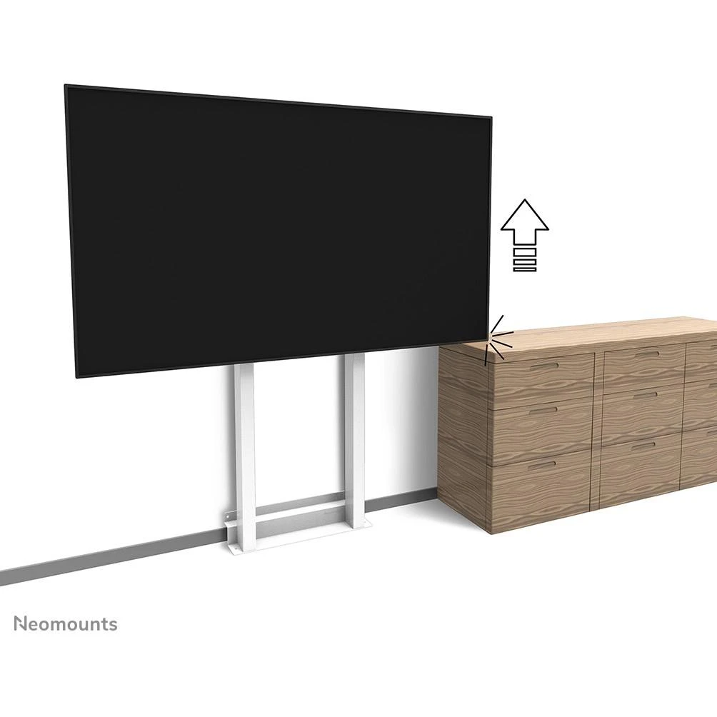 Laikiklis Neomounts NEWSTAR MOTORIZUOTOS SIENINĖS STOVĖLIAI, ĮSKA. LAIKYMO DĖŽĖ, 10 CM. RATAI VESA 100X100 IKI 800X600 Baltas
