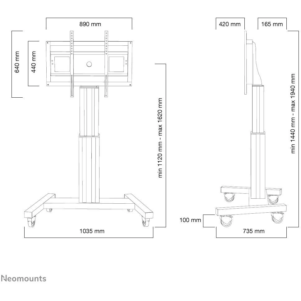 Laikiklis „Neomounts NEWSTAR“ motorizuotas mobilus grindų stovas - VESA 200X200 iki 800X600 42-100" Sidabrinis