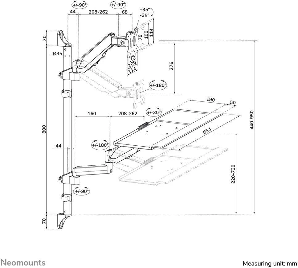 Laikiklis NEOMOUNTS WALL MOUNTED SIT-STAND WORKSTATION (SCREEN, KEYBOARD & MOUSE)