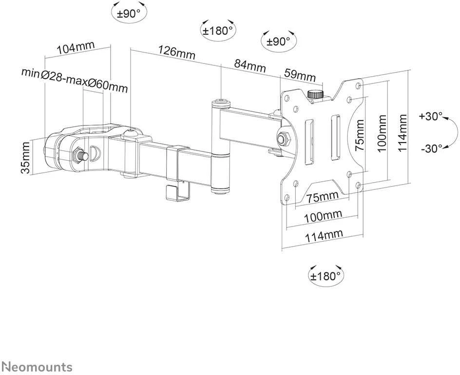 Laikiklis NEOMOUNTS BY NEWSTAR SCREEN POLE CLAMP/TRUSS MOUNT 3 PIVOTS VESA 100X100 (POLE DIAMETER 28-60 MM)