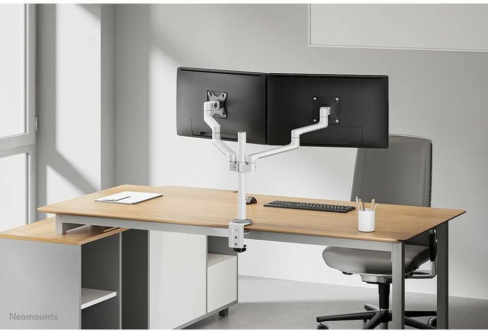 Laikiklis NEOMOUNTS SCREEN STALO MONTAVIMAS DVIEJIEMS MONITORIAMS, Baltas (CLAMP+GROMMET)