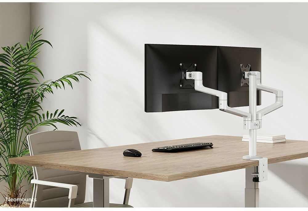 Laikiklis NEOMOUNTS SCREEN STALO MONTAVIMAS DVIEJIEMS MONITORIAMS, Baltas (CLAMP+GROMMET)