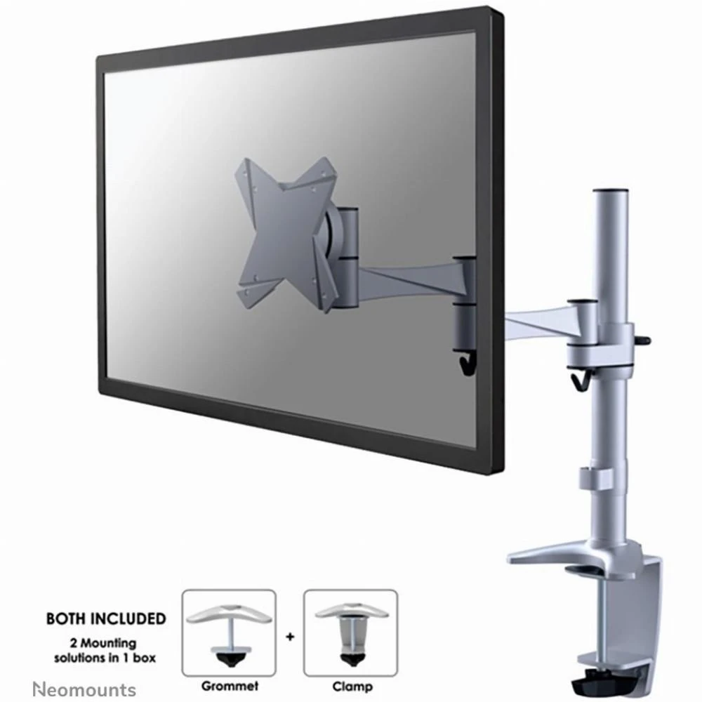 Neomounts NEWSTAR FPMA-D1330SILVER stalo laikiklis/spaustukas, plokščiaekranis, 10–30 colių, VESA 75x75/100x100 mm, pasukamas, sidabrinis