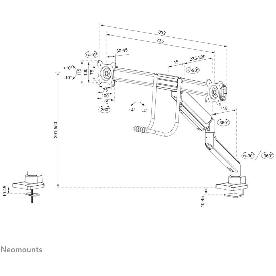 Laikiklis NEOMOUNTS BY NEWSTAR DS75-450WH2 FULL MOTION MONITORIUS DESK MOUNT FOR 17-32" SCREENS - Baltas