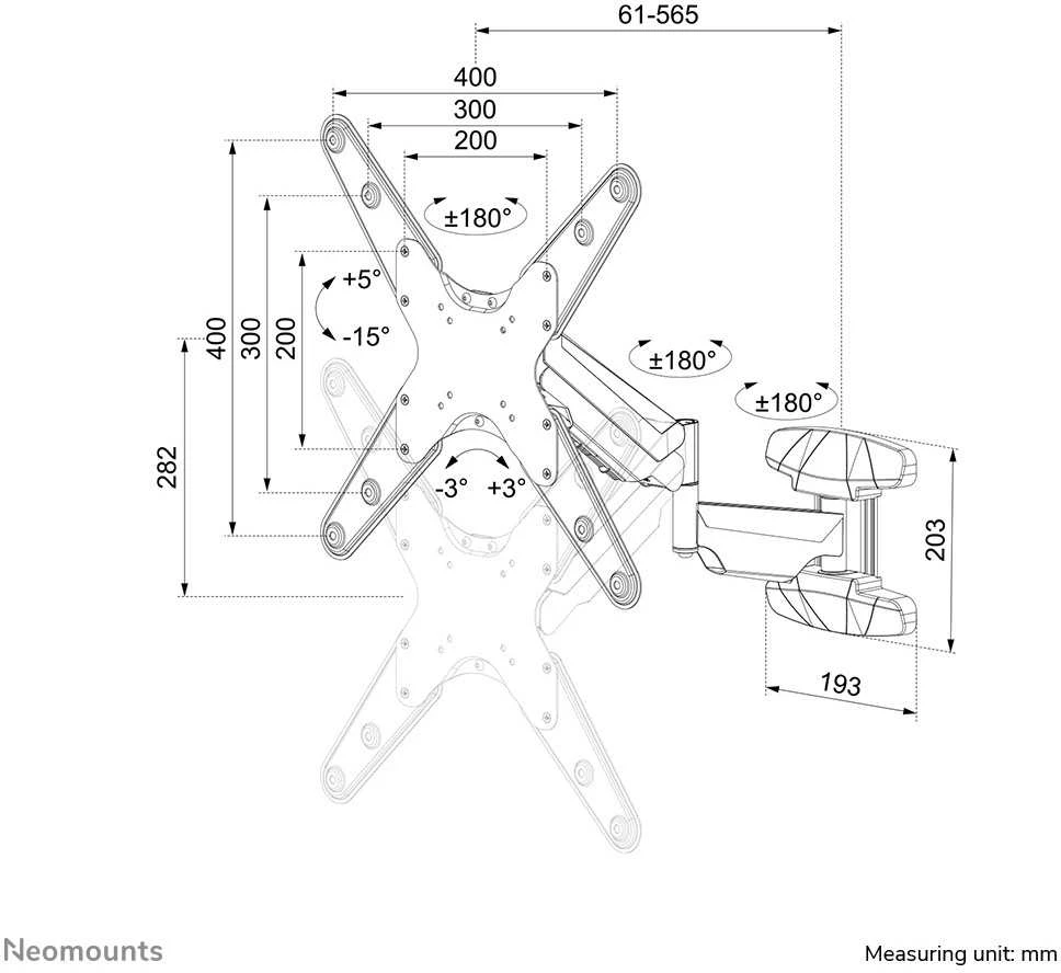 Laikiklis Neomounts NEWSTAR SIENOS MONTUOJAMO DUJINĖS Spyruoklės TELEVIZORIAUS MONTAVIMAI (3 VESA 400X400 ŠUKIAI)