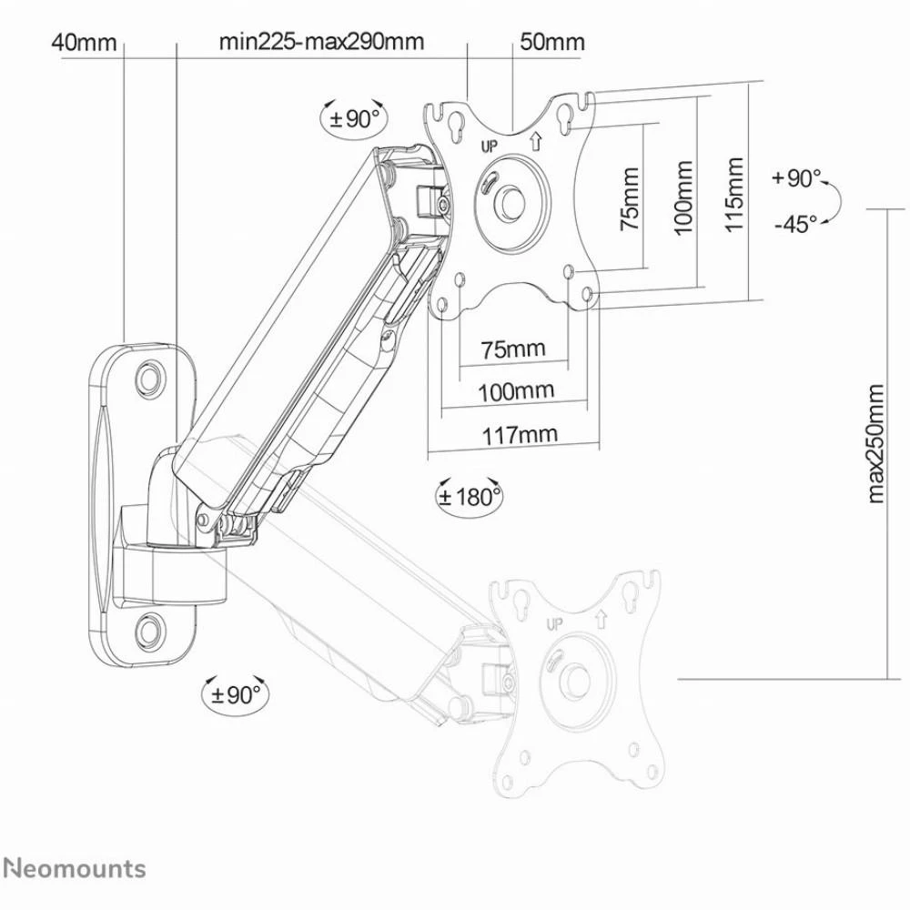 Laikiklis NEOMOUNTS BY NEWSTAR WALL MOUNTED GAS SPRING MONITORIUS ARM (2 PIVOTS VESA 100X100)