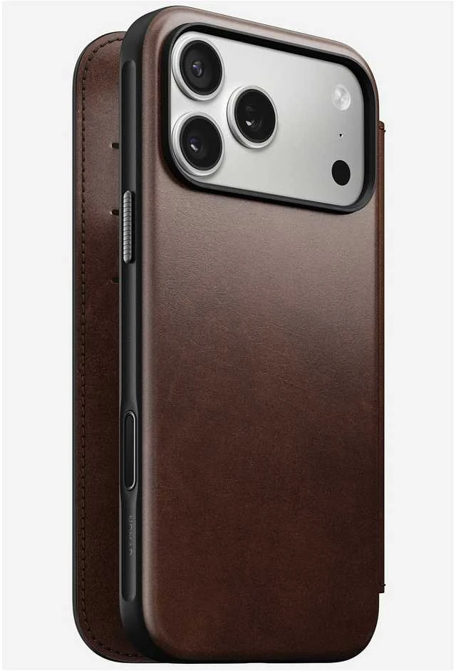 Dėklas „Nomad Modern Leather Folio“, kaimiško stiliaus rudas (Horween) – „iPhone 17 Pro Max“