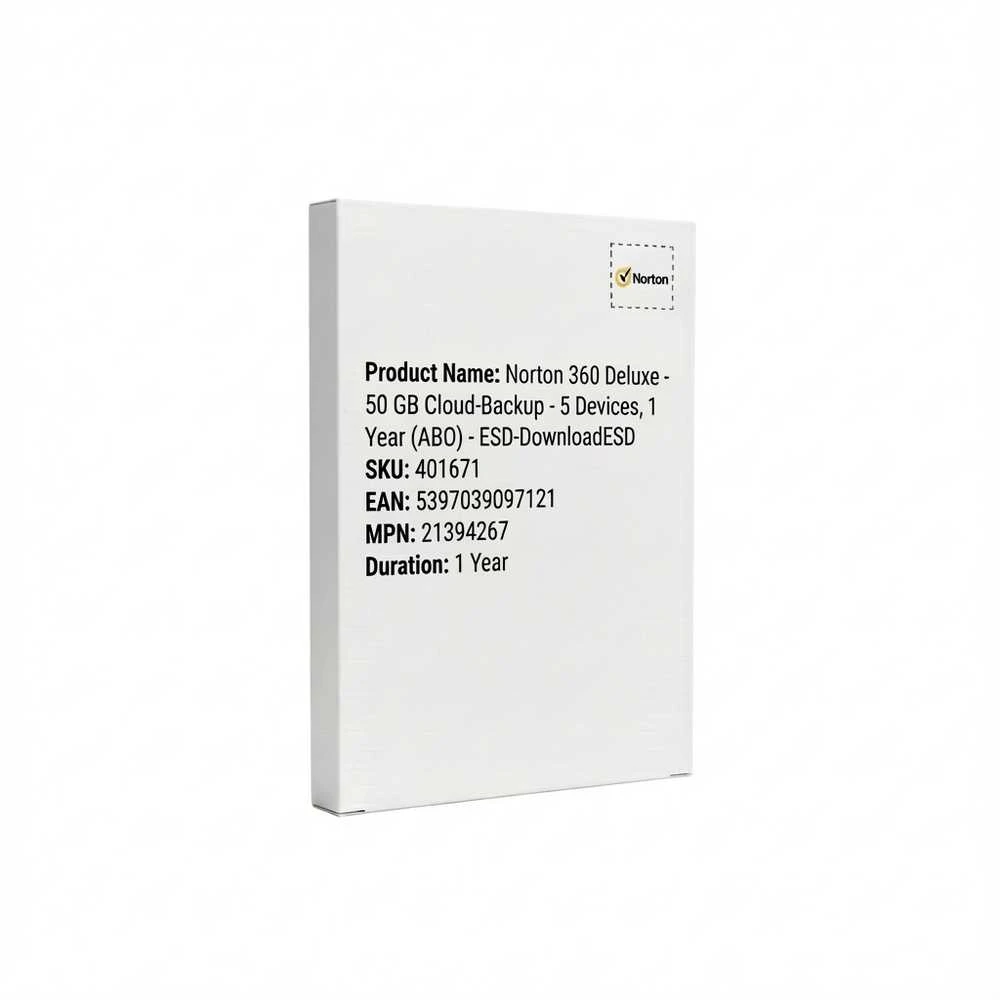 Nortonlifelock Symantec Norton 360 Deluxe – 5 įrenginiai – 1 metai – 50 GB MD – nėra prenumeratos – ESD