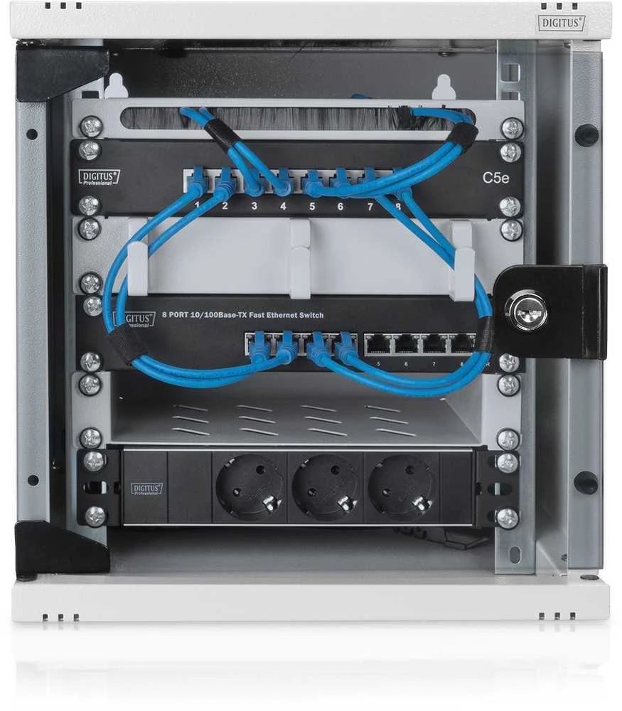 „Digitus“ | 6U sieninė spintelė | DN-10-05U-1 | Saugos klasė IP20; 200° durų atidarymo kampas; Rakinamos apsauginio stiklo durys; 254 mm (10 colių) profilio bėgeliai, sumontuoti priekinėje pusėje spintelės viduje, cinkuoti; 254 mm (10 colių) profilio bėgelių gylis yra reguliuojamas | 33,0 x 31,2 x 30,0 cm | Pilkas