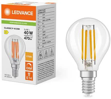 Ledvance 3,4W LED lemputė CLASSIC P, E14, skaidri, 320°, 2700K, dimeriuojama