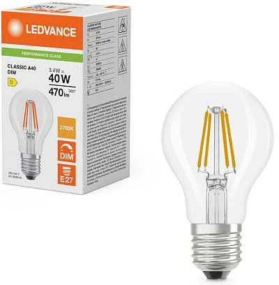Osram 3,4W LED lemputė CLASSIC A, E27, skaidri, 320°, 2700K, dimeriuojama