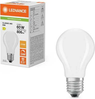 Ledvance 5,9W LED lemputė CLASSIC A, E27, matinės baltos sp., 300°, 2700K, dimeriuojama