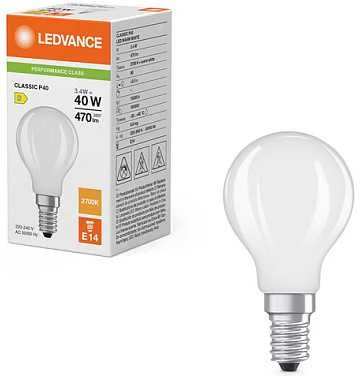 Ledvance 3,4W LED lemputė CLASSIC P, E14, matinės baltos sp., 300°, 2700K