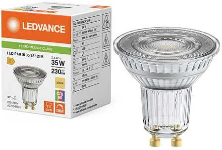 Osram 2,4W LED lemputė PAR16, GU10, PAR16, skaidri, 36°, 3000K, dimeriuojama