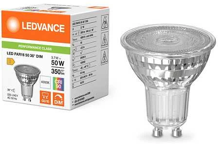 Ledvance 3,7W LED lemputė PAR16, GU10, PAR16, skaidri, 36°, 4000K, dimeriuojama