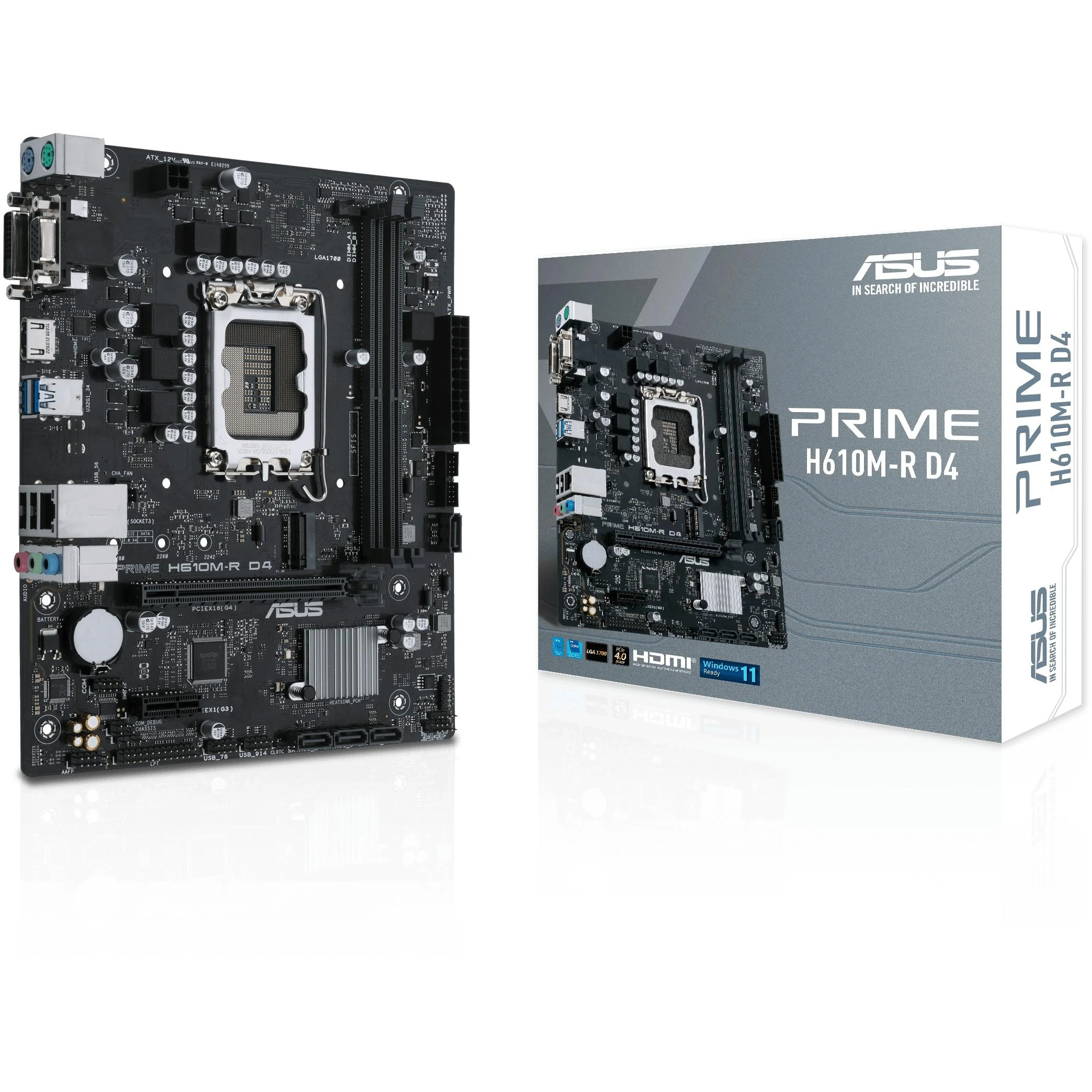 Pagrindinė plokštė Asus | PRIME H610M-R D4-SI | Procesorių šeima Intel | Procesoriaus lizdas LGA1700 | DDR4 DIMM | Atminties lizdai 2 | Palaikomos standžiojo disko sąsajos SATA, M.2 | SATA jungčių skaičius 4 | Lustų rinkinys Intel H610 | Mic-ATX