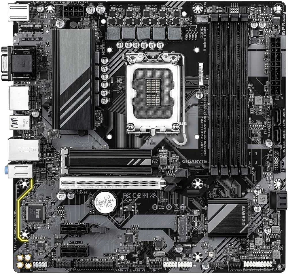 Pagrindinė plokštė „Gigabyte B760M DS3H GEN5“ | Procesorių šeima „Intel“ | Procesoriaus lizdas LGA1700 | Palaikomos standžiojo disko sąsajos SATA, M.2 | SATA jungčių skaičius: 4