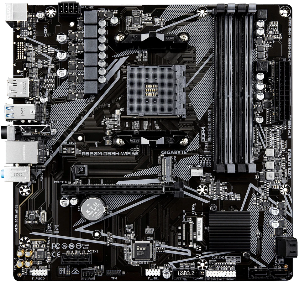 Pagrindinė plokštė „Gigabyte A520M DS3H WIFI6E“ | Procesoriaus šeima AMD | Procesoriaus lizdas AM4 | DDR4 | Palaikomos standžiojo disko sąsajos SATA, M.2 | SATA jungčių skaičius 4