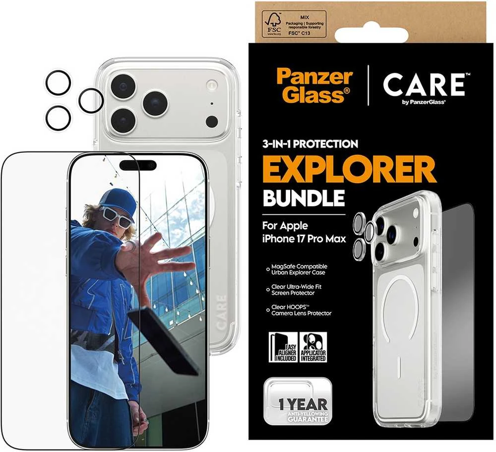 „Panzer Glass CARE by PanzerGlass Flagship Explorer 3in1“ dėklas + stiklas + objektyvas, skirtas „iPhone 17 Pro Max“.
