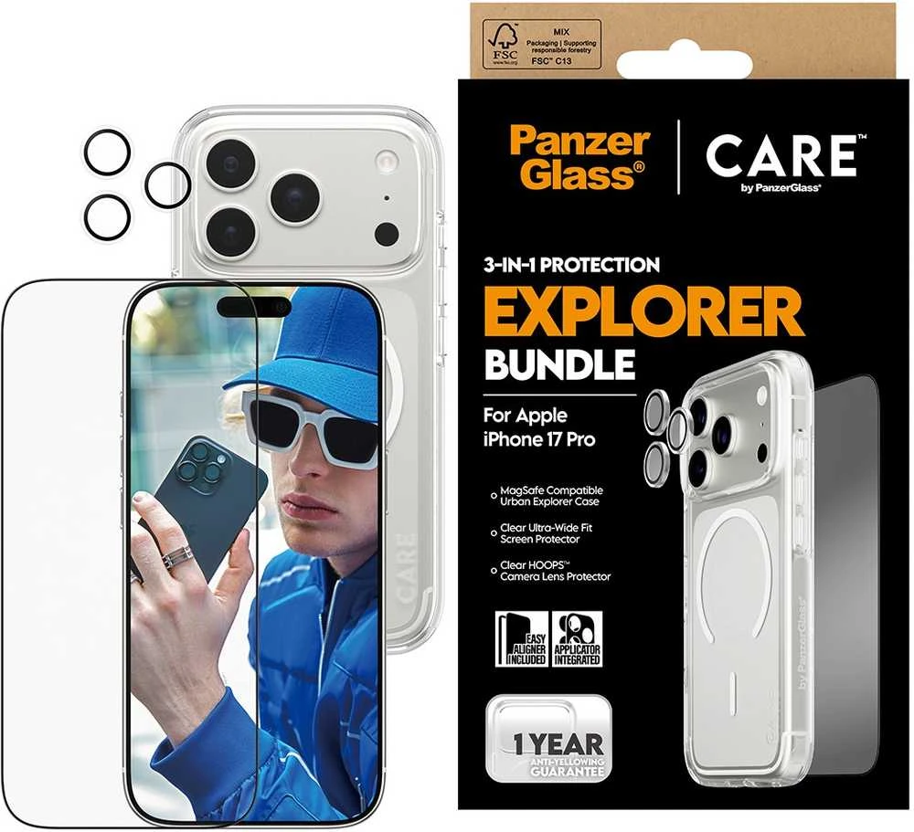 Panzer Glass „CARE by PanzerGlass Flagship Explorer 3 viename“ dėklas + stiklas + objektyvo apsaugos rinkinys, skirtas „iPhone 17 Pro“