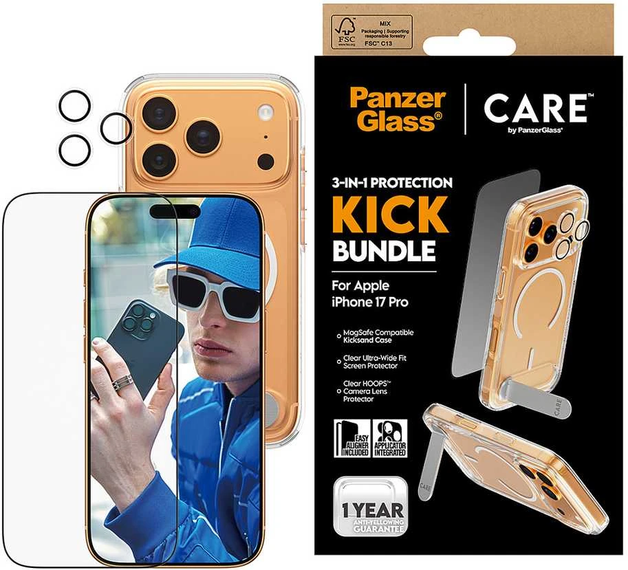 Panzer Glass „CARE by PanzerGlass Feature Kick 3in1“ dėklas + stiklas + objektyvo apsaugos rinkinys, skirtas „iPhone 17 Pro“
