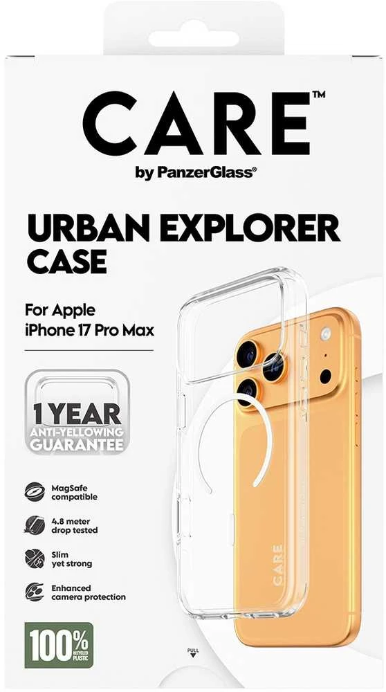 „Panzer Glass CARE by PanzerGlass Flagship Urban Explorer“ dėklas su „Baltas MagSafe“, skirtas „iPhone 17 Pro Max“ – permatomas