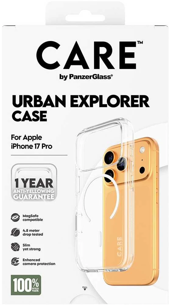 „Panzer Glass CARE by PanzerGlass Flagship Urban Explorer“ dėklas su „Baltas MagSafe“, skirtas „iPhone 17 Pro“ – permatomas