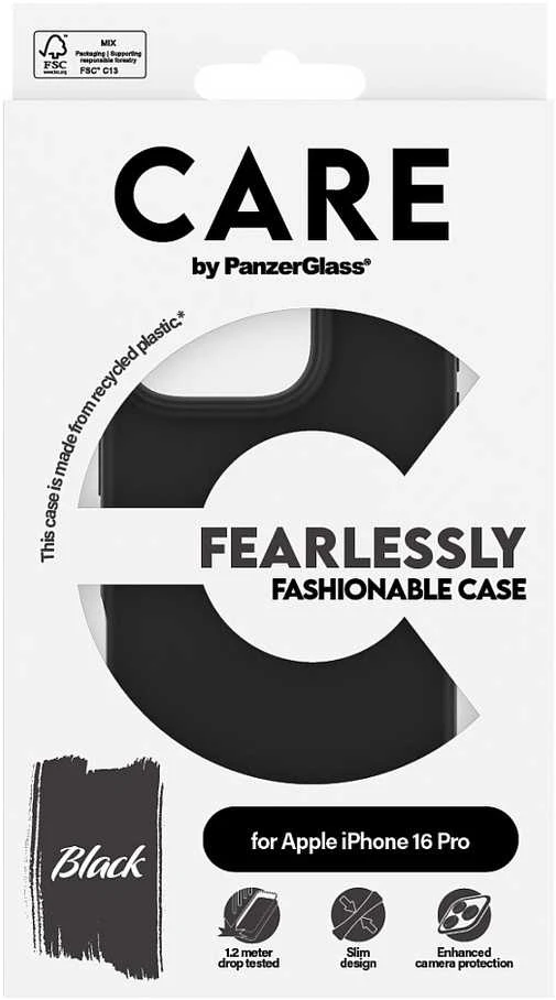 Panzer Glass CARE Madingas dėklas | Galinis viršelis | Apple | iPhone 16 PRO | Perdirbtas plastikas | Juodas