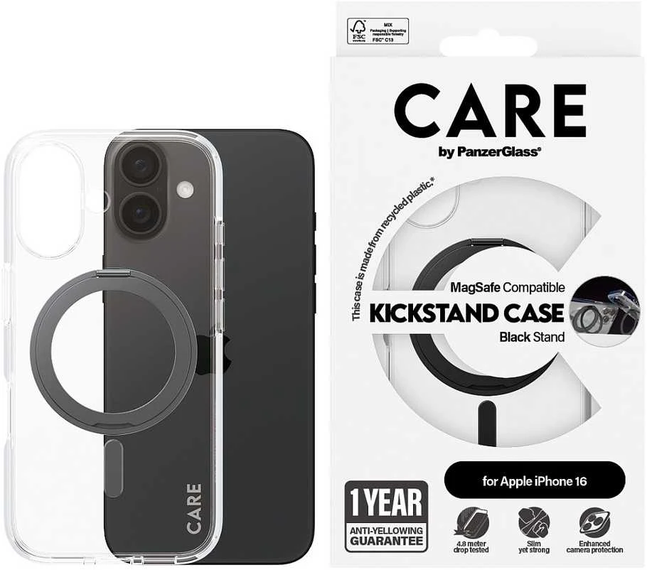 Panzer Glass CARE by PanzerGlass Feature Kickstand Case Apple iPhone 16 6.1" dėklas telefonui juodos spalvos/dėklas telefonui juodos spalvos MagSafe 1321