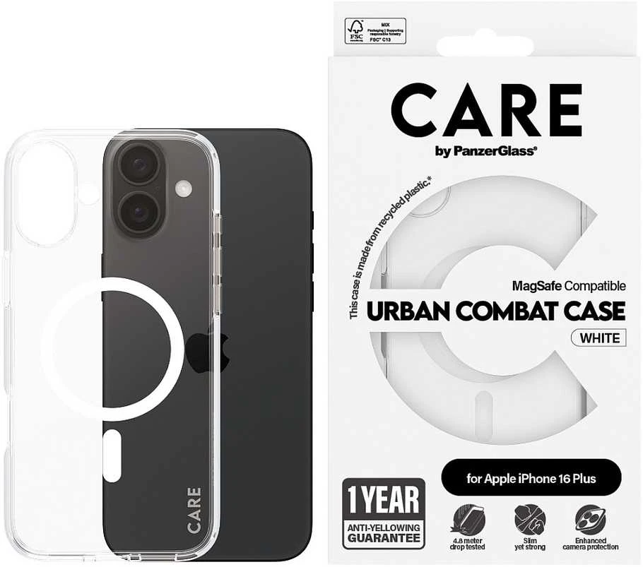 „Panzer Glass CARE“ dėklas iš „PanzerGlass“ flagmano | Nugarėlės apsauga | „Apple“ | „iPhone 16 Plus“ | Perdirbta plastikinė plėvelė | Baltas | „MagSafe“