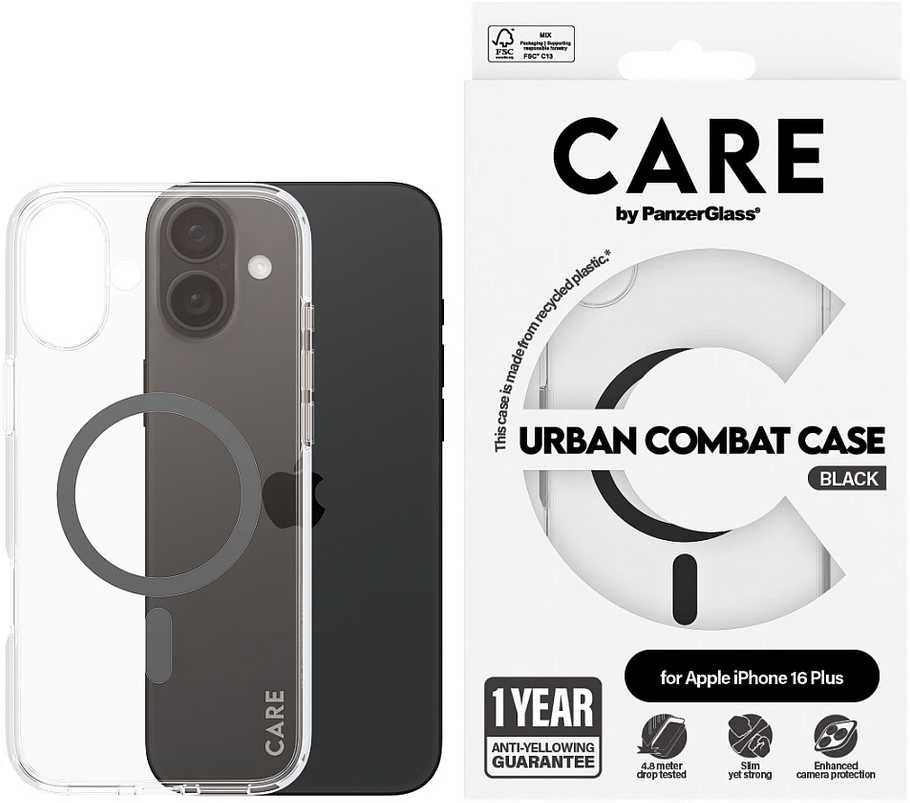 Panzer Glass CARE Flagship dėklas su Juodas MagSafe iPhone 16 Plus, skaidrus
