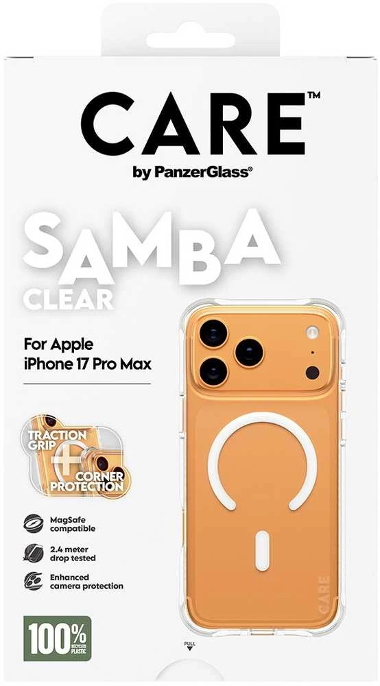 „Panzer Glass CARE by PanzerGlass“ madingas „Samba“ su baltu „MagSafe iPhone 17 Pro Max“ apsauginiu stikliuku