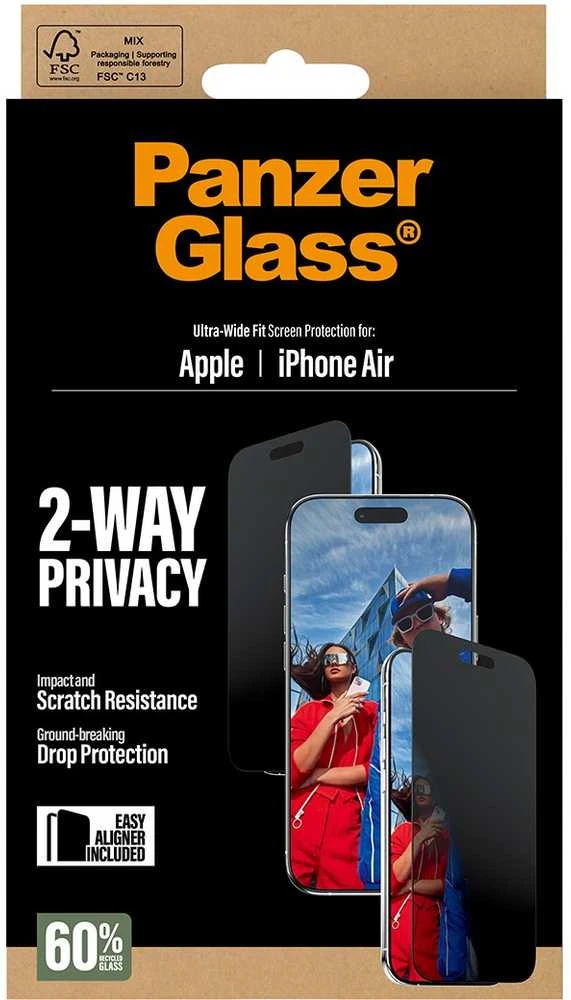 „Panzer Glass“ itin plataus pritaikymo „EasyAligner“ privatumo stiklas, skirtas „iPhone Air“.