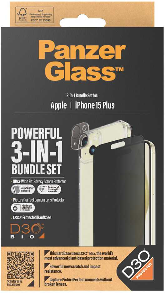 Panzer Glass PanzerGlass Privacy Bundle 3in1 dėklas telefonui skaidrus + Privacy Glass + kameros apsauga Apple iPhone 15 Plus