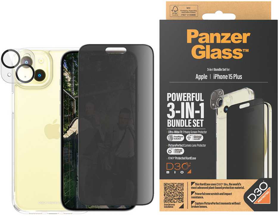 Panzer Glass PanzerGlass Privacy Bundle 3in1 dėklas telefonui skaidrus + Privacy Glass + kameros apsauga Apple iPhone 15 Plus